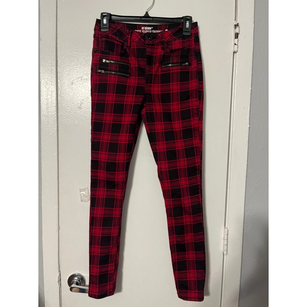 HT Denim Red Black Plaid High Rise Super Skinny Jeans Size 3 Punk Grunge Edgy